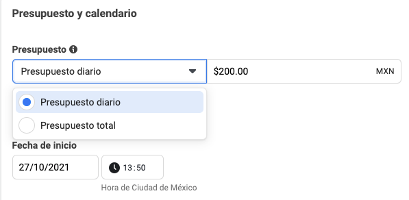 Presupuesto y calendario de Facebook ADS
